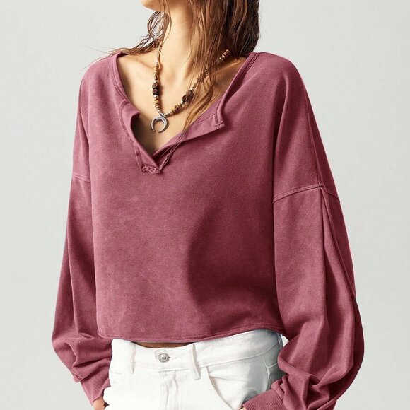 Burgundy Casual Women's V-Neck Long Sleeve Cropped Sweatshirt - Picture 7 of 9
